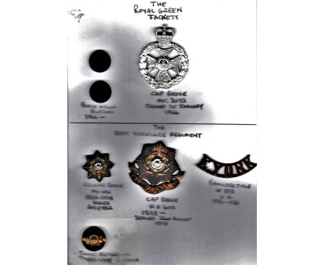 Royal Green Jackets EIIR Cap Badge (Staybright), with two buttons and East Yorkshire Regiment Cap Badge with Collar Badge, Sh
