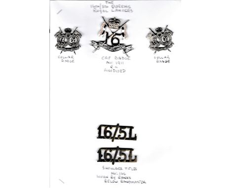 16th/5th Queen's Royal Lancers EIIR Cap Badge and  Collar Badges (Anodised and White-metal) K&amp;K1911, with 16/5L Shoulder 