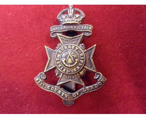 21st London Regiment (First Surrey Rifles) WWI Cap Badge (Blackened-brass), slider, this variant with the incorrect date of 1