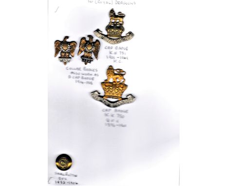 1st (Royal) Dragoons QVC &amp; KC Cap Badges (Bi-metal), lugs and slider K&amp;K: 751. With WWI Collar Badge Facing Pair and 