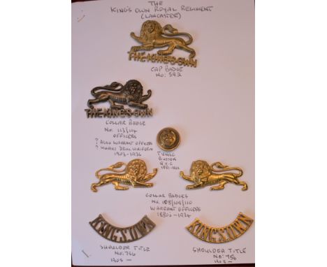 King's Own Royal (Lancaster) Regiment Badge Collection: Cap Badge (Gilding-metal), slider K&amp;K: 592, Collar Badge Pair, (B