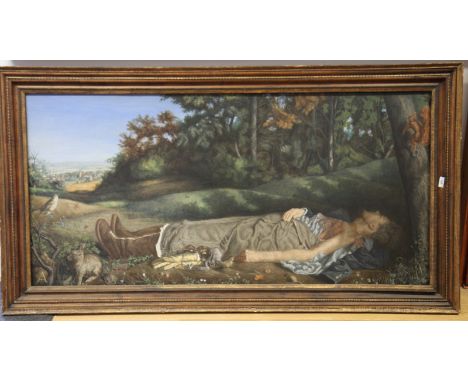 •George Warner Allen 1946: oil on canvas, "In Memoriam" dead pilot in a Chiltern landscape with hare and song thrush, 28 1/2"