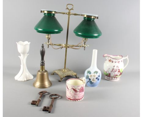 A brass double table lamp with green glass shades, a Sunderland lustre jug and mug, a Royal Copenhagen vase decorated blackbe