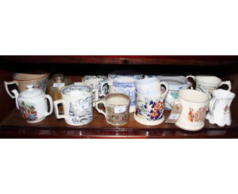 A collection of 19th Century commemorative, farmer's and other earthenware mugs and an oak tea caddy with plated mounts