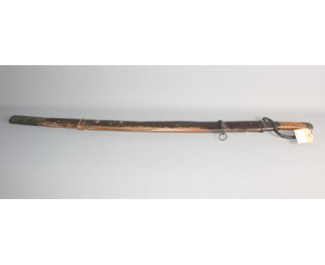 A Russian early 20th Century dragoon shashqua sword with wooden hilt and part leather covered scabbard (damages), blade 33 1/