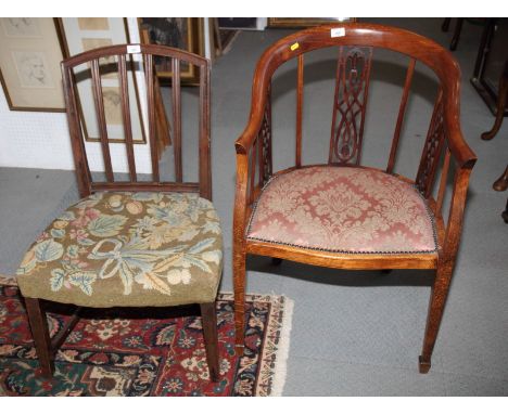 A George III stick back dining chair, on square supports, and an Edwardian inlaid mahogany tub armchair with three fretted sp