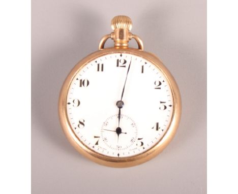 A gold cased open faced pocket watch with white enamel dial and subsidiary seconds dial