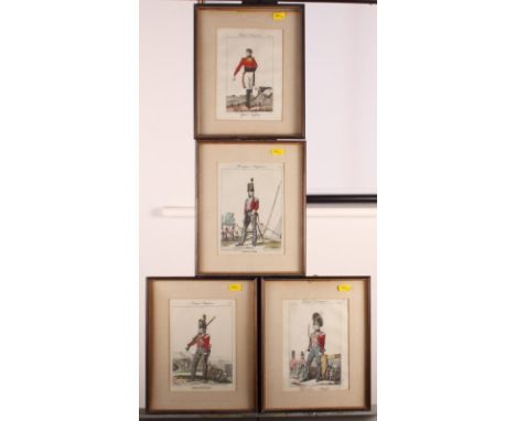 Four French 19th Century hand-coloured prints, British military uniforms, a pair of colour prints, in strip frames, and a pho