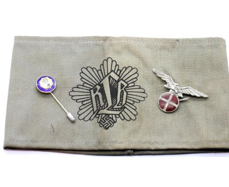 Norwegian WWII type Pro-Axis Fascist armband, enamelled stick pin and enamelled cap badge. P&amp;P Group 1 (£14+VAT for the f