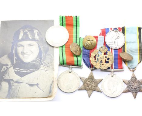 British WWII RAF medal group comprising BWM, Defense medal, The Air Crew Europe star and The 1939-45 star, with photograph, c