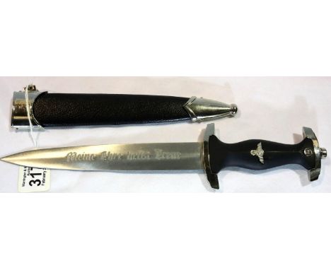 German WWII type SS parade dagger and scabbard, with engraved blade, the blade L: 21 cm. P&P Group 1 (£14+VAT for the first l