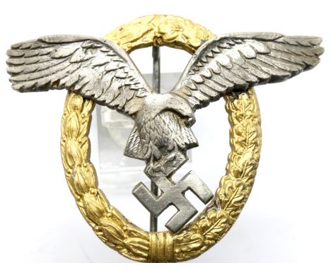 German WWII type Luftwaffe Pilots badge, indistinctly marked verso. P&amp;P Group 1 (£14+VAT for the first lot and £1+VAT for