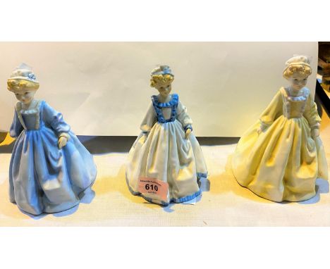 Three Royal Worcester figures: Grandmother's Dress (colour variations), 17cm 