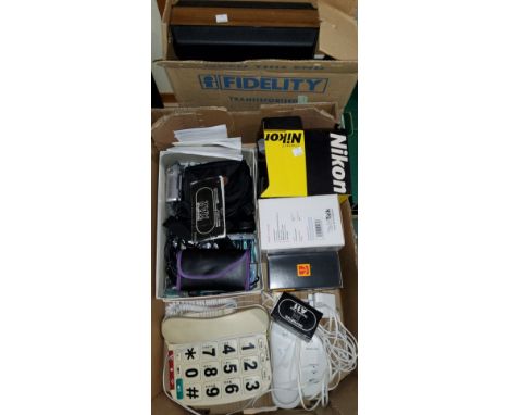A Fidelity travel record player; a selection of vintage Nikon, Kodak and other cameras etc 