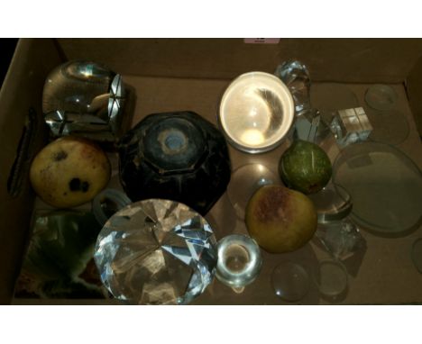 A 19th century crystal ball and stand; other glass items; 3 ceramic fruits 