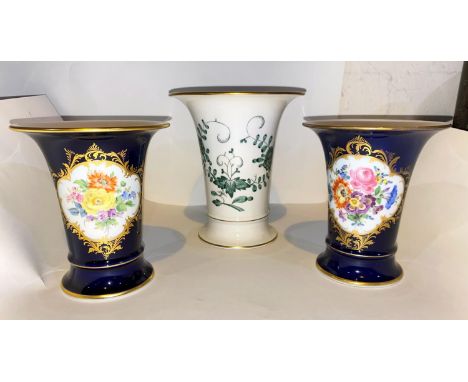 A pair of modern Meissen vases of flared cylindrical form decorated with polychrome flowers against a blue and gilt ground, h