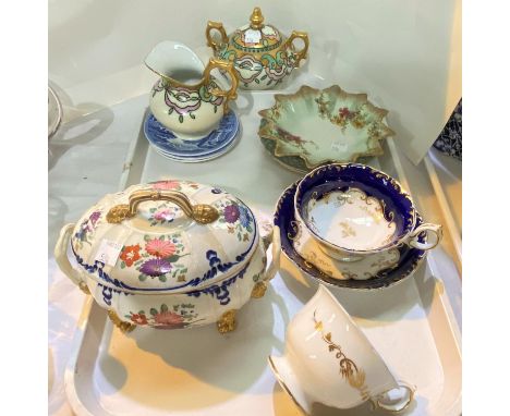 A blue and gilt ceramic trio set with two cups and one saucer, two pieces of Limoges, a Royal Doulton pointed edge dish and a