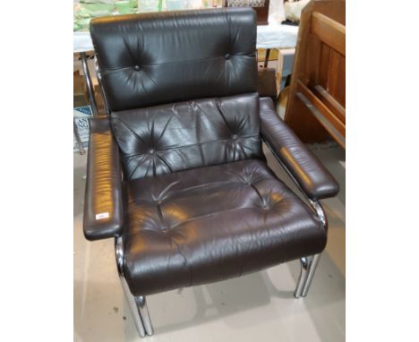 A 1970's chrome armchair in dark brown leather by Pieff (sold as a collectors item only); 2 black office armchairs 