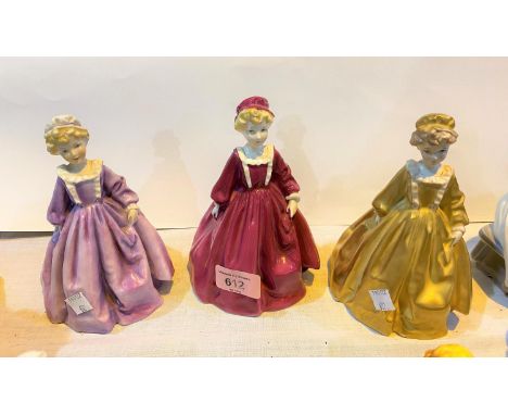 Three Royal Worcester figures: Grandmother's Dress (colour variations), height 17cm 