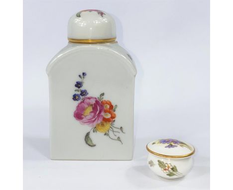A miniature Royal Worcester lidded pot with floral decoration diameter 3.5cm and a similar ceramic tea caddy with lid decorat