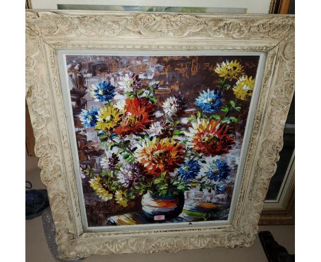 S Abrys:&nbsp; Still life of chrysanthemums in in a vase, oil on board, 63 x 52 cm, framed and glazed 