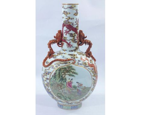 A Chinese Moon flask shaped vase decorated with polychrome panels of traditional scenes, surrounded by different coloured dra