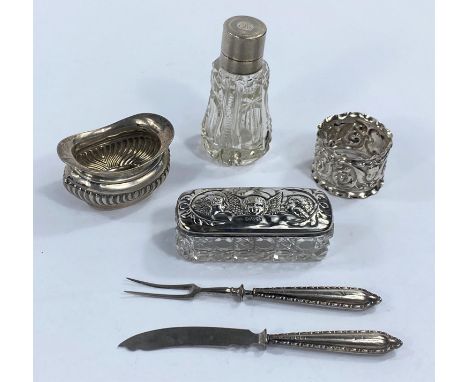 A hallmarked silver capped scent bottle, a hallmarked silver and glass trinket box, other pieces of similar hallmarked silver