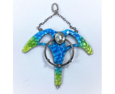 An Arts and Crafts enamel pendant in blue and green hues, inset pearl and smaller seed pearls, Guild of Handicrafts, (no lowe