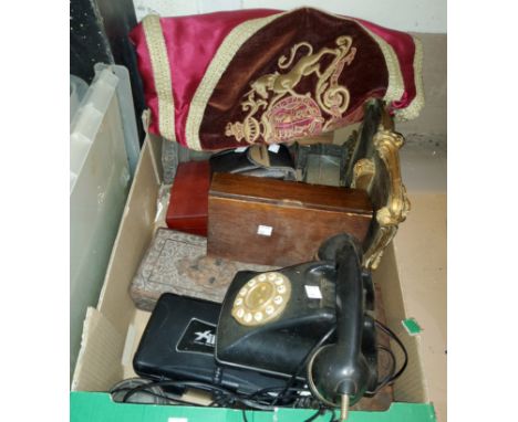 An ornate gilt wall shelf; a vintage telephone, 2 cigar humidifiers, treen, boxes and an embroidered Royal crest on velvet ni