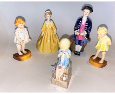 Four Royal Worcester figures - Katie, Joan, Tommy, heights 11cm; Grandmother's Dress (miniature) height 13cm and a Royal Doul