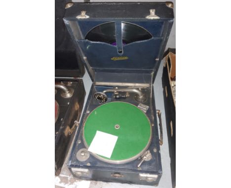 A vintage portable, table top, wind up, record player. 