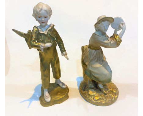 Two Royal Worcester figures; Parakeet and lady with tambourine, heights 17cm and 15cm 