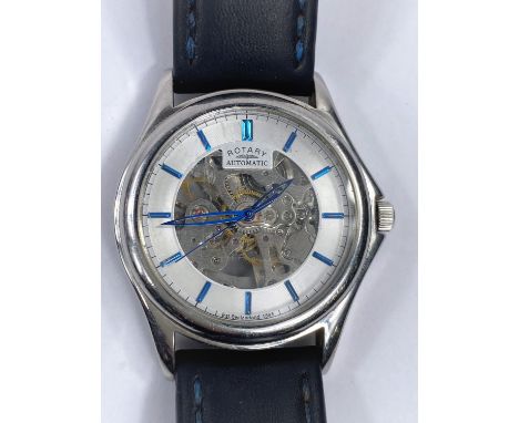 A Rotary Automatic skeleton face open back gent's wrist watch on black leather strap 