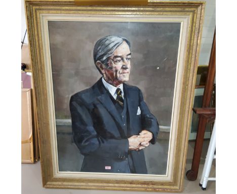 Harold Riley:&nbsp; 'Mr John Herwell Morris', half length portrait of a gentleman in grey suit, oil on canvas, signed, 39" x 