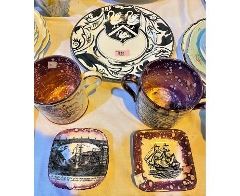 Four pieces of Sunderland lustre by Gray's Pottery and 3 wall plaques 