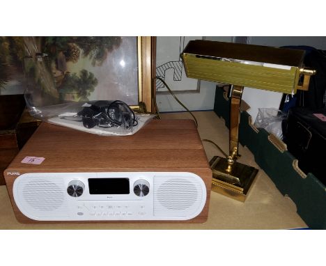 A Pure mains radio; a brass upright lamp for piano music 