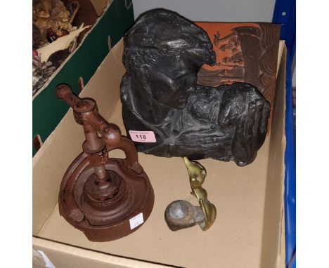 A small bronze cherub with quill pen, signed 'Ferrand', on marble base; a resin sculpture:&nbsp; head and hands of a man; a V