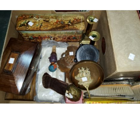 A late Georgian rosewood tea caddy with 2 divisions; an empty cutlery box; various collectables and metalware 