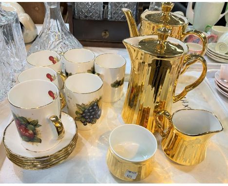 Royal Worcester porcelain gilt coffee pot, hot water jug and a&nbsp;Queens Antique Fruit set of 6 cups and saucers 