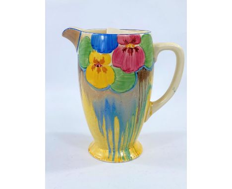 A 1940's Clarice Cliff jug decorated with pansies and dripware, black printed mark for Newport pottery, height 18 cmIn good c