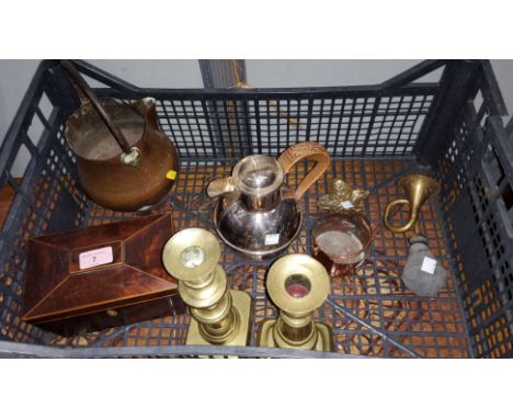 A mahogany veneered two section tea caddy boxwood inlay; 2 brass candlesticks and other metalware 
