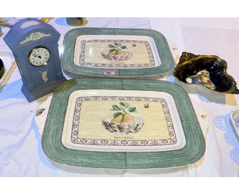 Two Wedgewood 'Sarah's Garden' large meat platters, a Wedgwood Jasperware mantel clock length 50cm and a Paragon fruit dish 