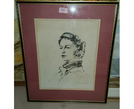 Pietro Annigoni: lithograph, head and shoulders portrait of Queen Elizabeth II, signed, 36 x 29 cm, framed 