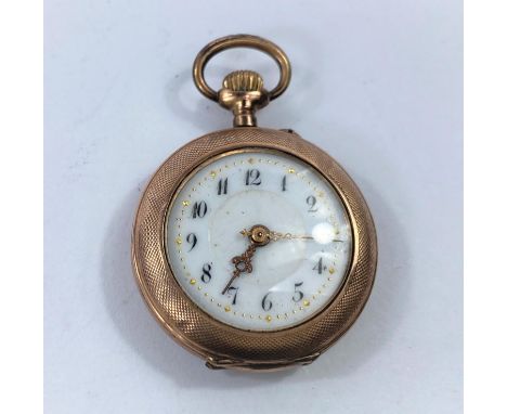 A yellow metal fob watch with white enamel dial and Arabic numerals, diameter 29mm 