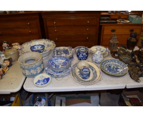 A Wedgwood blue and white tile; together with various other blue and white china 