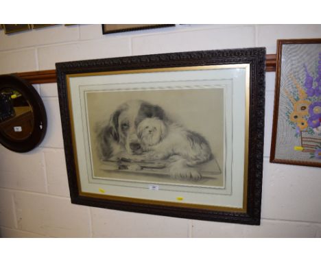 A large framed and glazed pencil sketch depicting a St Bernard and a terrier, signed and dated 1986
