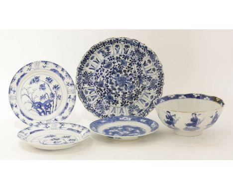 A collection of blue and white,Kangxi (1662-1722), including: a bowl, painted with Eight Daoist Immortals, barbed rim, six ch