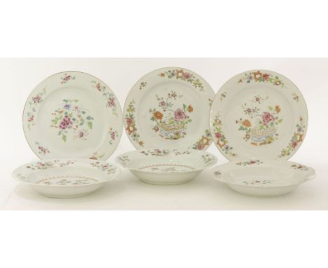 A collection of famille rose ceramics, 18th century, comprising a pair of soup bowls, painted with Manchurian cranes in a gar