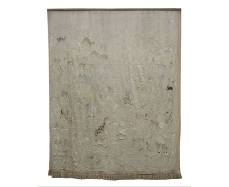 An extraordinary and attractive silk wall hanging,probably late 18th century, the light gold background finely embroidered wi