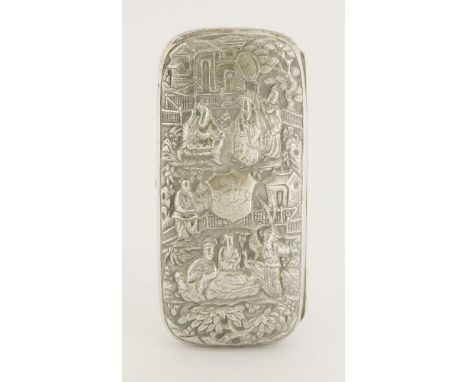 A Chinese silver cheroot case,c.1900, embossed and chased with figures in a garden, some playing go, centred by a monogrammed